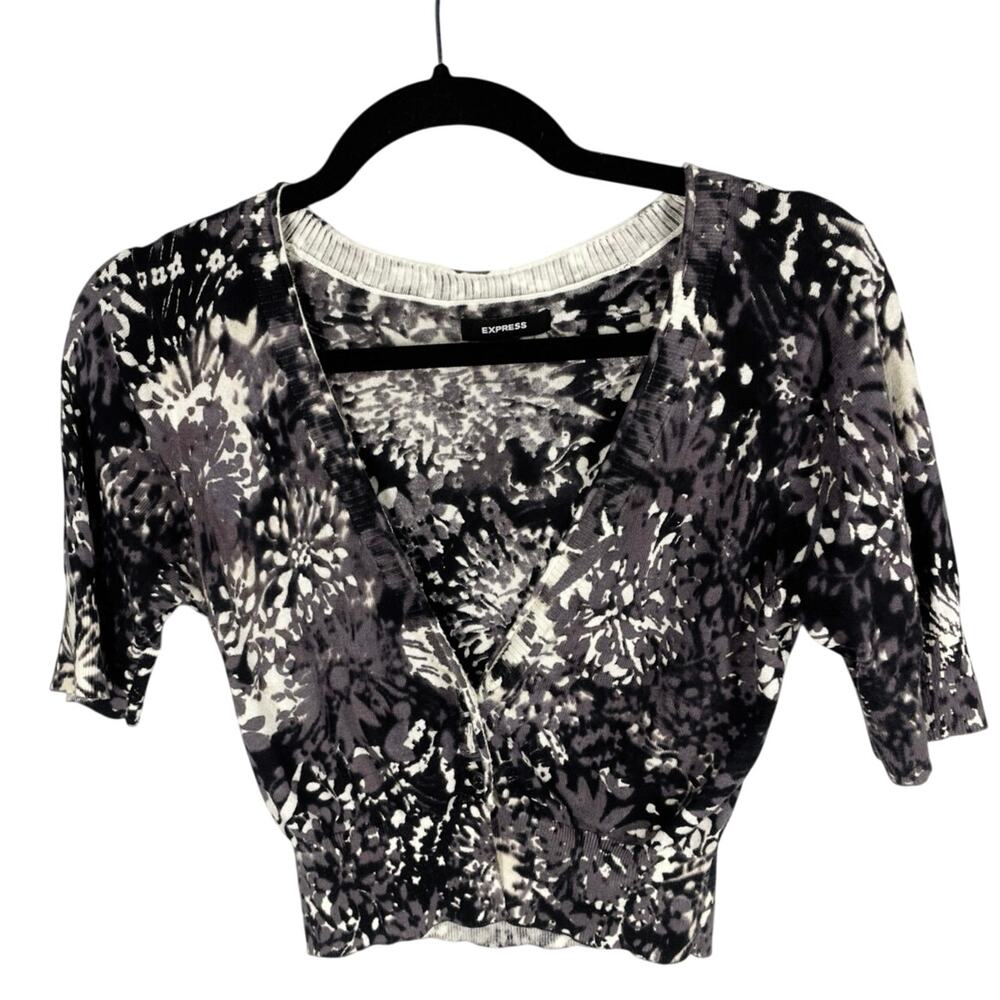 Express, Size Small, White Black Floral Shrug Cardigan, Y2K, Cropped, Knit, EUC
